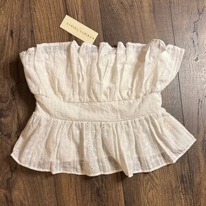 Thirty Thirty Elegant White Eyelet Ruffle Strapless Crop Top Size L